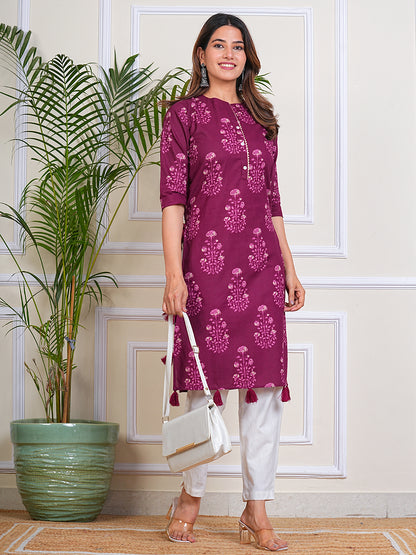 Women's Cotton Maroon Straight Printed Kurta for Woman